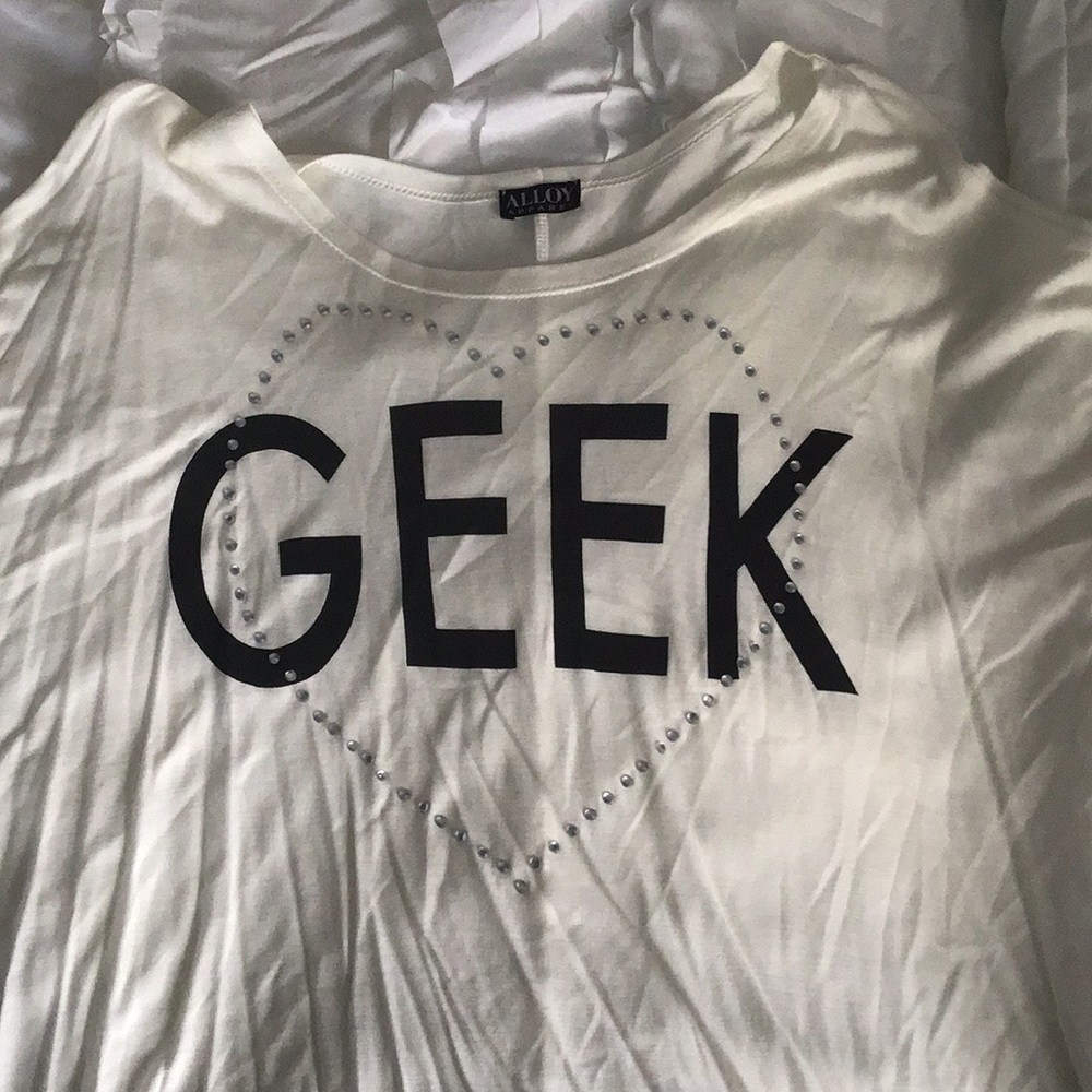 White Geek Rhinestone Heart Dolman Tee
